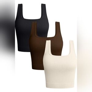 Ribbed Crop Tank Top Set - Black, Brown, Cream